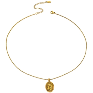 Elegant gold-tone oval rose relief pendant necklace with minimalist curb chain link