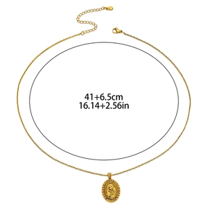 Detailed view of gold oval rose pendant necklace with adjustable chain length dimensions