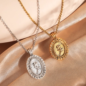 Retro style oval rose embossed pendant necklaces in gold and silver finish with silk background