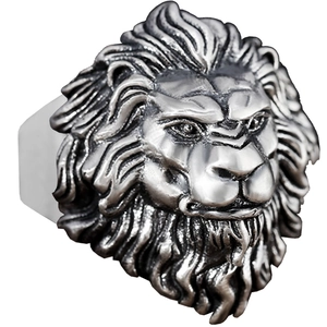 Hip hop lion head ring for men in silver finish with detailed punk animal carvings