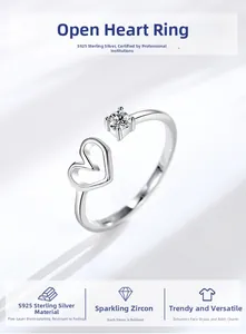Detail of S925 sterling silver heart ring with sparkling zircon and five-layer plating