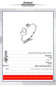 Detailed spec sheet for S925 sterling silver heart ring with CZ stone and 17mm adjustable band