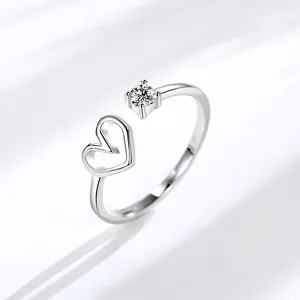 S925 Sterling Silver Hollow Heart Open Ring For Women Adjustable Geometric Zirconia Finger Ring Korean Style Jewelry Gift