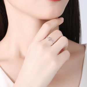 S925 sterling silver hollow heart ring with zircon stone and adjustable open band