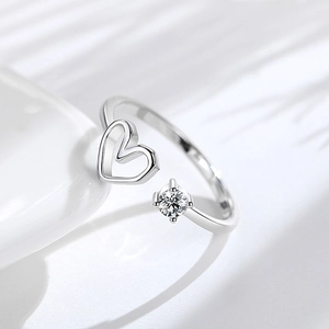 Minimalist S925 sterling silver open heart ring with sparkling round cubic zirconia