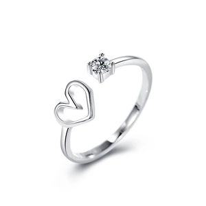 Minimalist S925 sterling silver open ring with hollow heart and sparkling round zircon stone