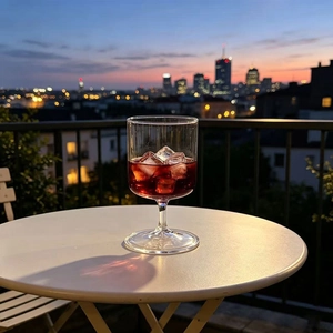Close-up of tall borosilicate glass filled with red cocktail and ice on a balcony sunset