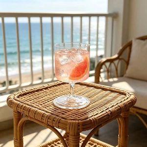 Borosilicate glass champagne flute with grapefruit and ice on a rattan table by the sea