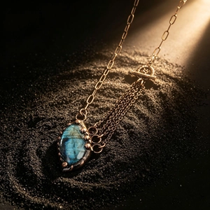 Vintage labradorite pendant necklace with layered bronze chains and T-bar closure