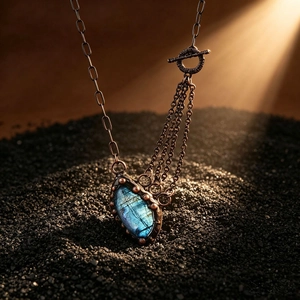 Vintage labradorite necklace with blue flash on antique bronze chain and toggle clasp