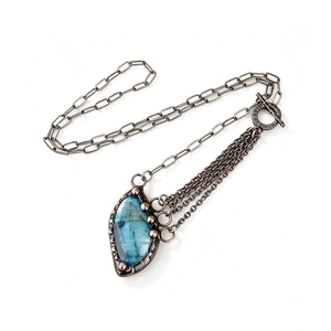 Vintage multi-layer necklace with marquise labradorite pendant and antique bronze finish