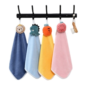 Cartoon coral velvet hanging hand towels set featuring lion, dinosaur, carrot and strawberry