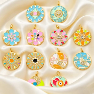 Artistic Round Charms Pendants Copper Enamel Zircon DIY Jewelry Making Accessories Colorful Abstract Floral Style Women
