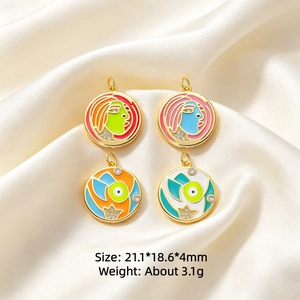 Rotating copper zircon enamel pendants featuring Picasso style faces and abstract eye designs