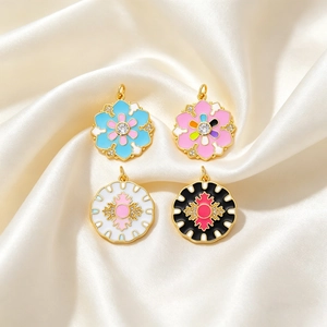 Rotating copper zircon pendants with colorful enamel flowers and stars for DIY jewelry making