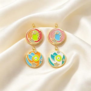 Artistic round gold-plated pendants with colorful enamel details and white zircon stones