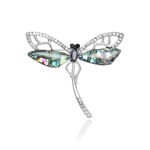Vintage Alloy Abalone Shell Dragonfly Brooch For Women Iridescent Shell Inlaid Rhinestone Apparel Jewelry Pin Decor Gift