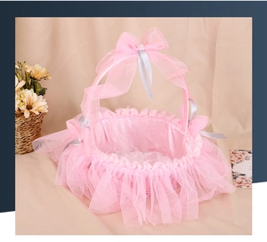 Detail of pink wedding flower girl basket with organza lace, satin lining and pearl bow