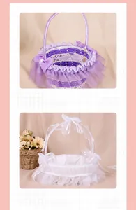 Close-up of handwoven wedding flower baskets with lace trim and silk bows in purple and white