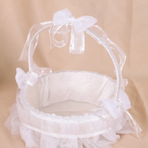 White lace wedding flower girl basket with elegant tulle ruffles and pearl satin bows