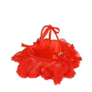 Red satin wedding flower basket with lace ruffles and ribbon flower handle decor