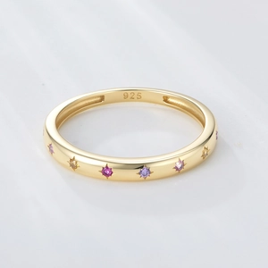 S925 sterling silver gold ring with colorful zircon stones in a star pattern setting
