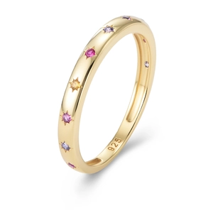 S925 sterling silver gold ring featuring colorful zircons set in star engravings