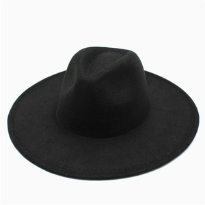 Classic wide brim black wool fedora hat for men and women featuring a flat brim design