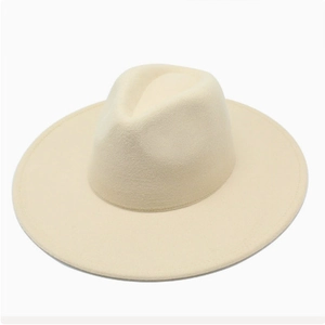 Detail of a beige wool wide-brim fedora hat showing textured felt fabric and flat brim