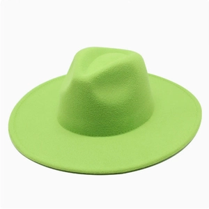 Detailed view of the bright green wool felt fedora hat with wide brim for adults