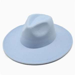 Detailed top view of light blue wide brim felt fedora hat with a classic dented crown