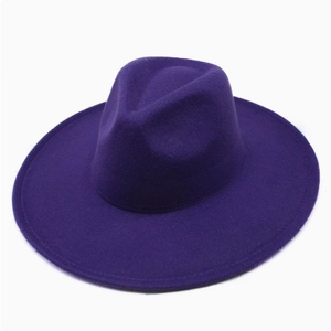 Macro detail of high-quality dark purple wool felt fedora with a flat wide brim