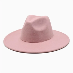 Detailed view of soft pink wool fedora hat showing wide flat brim and crown texture