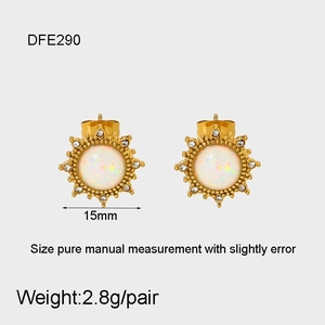 Detail of 15mm sunflower stud earrings with gold plating and white opal center stones