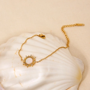 Vintage 18K gold plated sunflower necklace set with opal and sparkling diamonds
