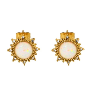 Vintage 18K gold-plated stainless steel sunflower stud earrings with opal and diamonds
