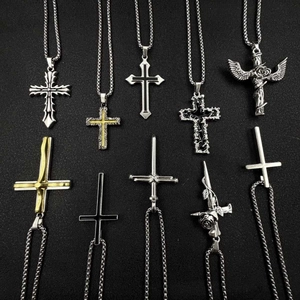 Collection of 10 hip-hop cross necklaces in silver and gold alloy on a grey background