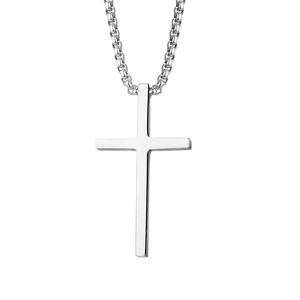 Polished silver cross pendant necklace with a classic round box chain on a white background