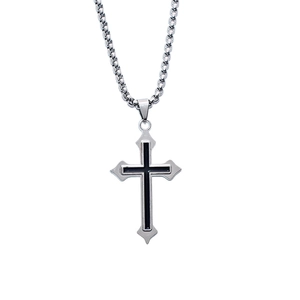 Close-up of retro cross pendant with black enamel inlay on silver box chain necklace