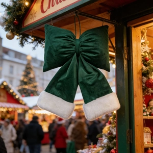 Green velvet Christmas bow with white faux fur trim hanging in festive market
