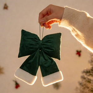 Handcrafted dark green velvet Christmas bow ornament with white faux fur trim decor