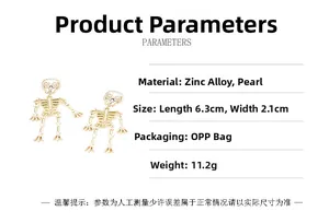 Detail showing zinc alloy skeleton earrings with inlaid pearls and gothic dimensions