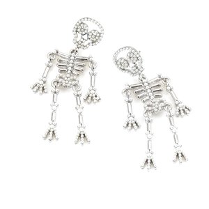 Gothic silver skeleton earrings with white pearl inlay and flexible movable limbs