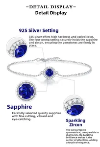 Detail view of S925 silver necklace with blue sapphire pendant and white zircon setting
