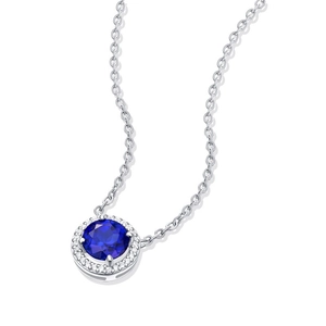 S925 sterling silver necklace featuring a round sapphire halo pendant on a silver chain