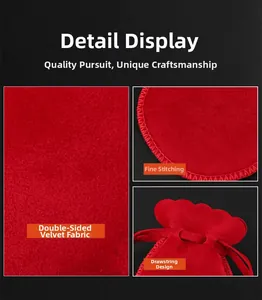 Detailed macro view of red double-sided velvet jewelry pouch with drawstring and stitching