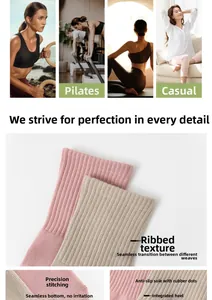Detailed views of anti-slip grips and seamless stitching on yoga socks for women