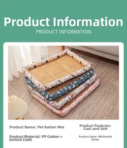 Close-up of cool rattan pet mats with cat and panda patterns made of Oxford fabric