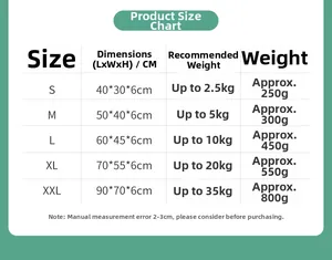 Size chart for cooling pet bed showing dimensions and weight capacity from S to XXL