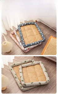 Detail of breathable rattan pet cooling mat with padded neck support and avocado patterns